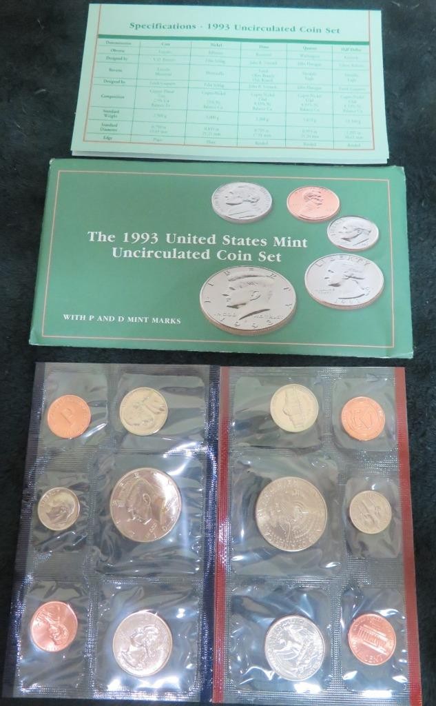 1993 U.S. Uncirculated Mint Set P and D Marks. 10 Coins and 2 Tokens
