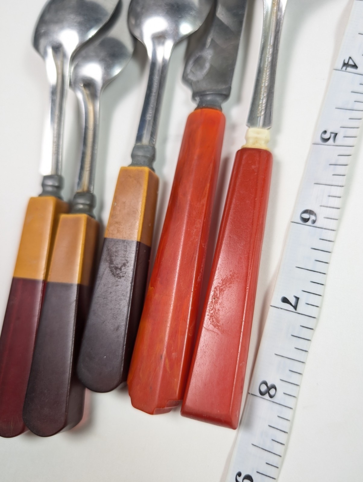 Red Bakelite Flatware Set Two Tone Cherry Red Amber 5 Piece Spoon Knife