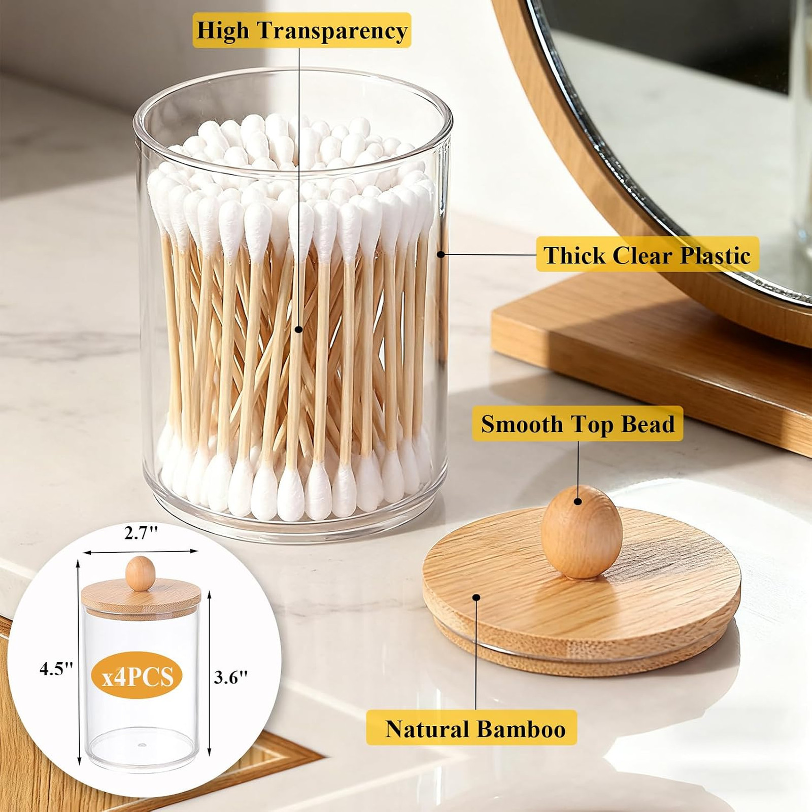 6 Pack Clear Stackable Storage Drawers & Qtip Holder Dispenser with Bamboo Lids