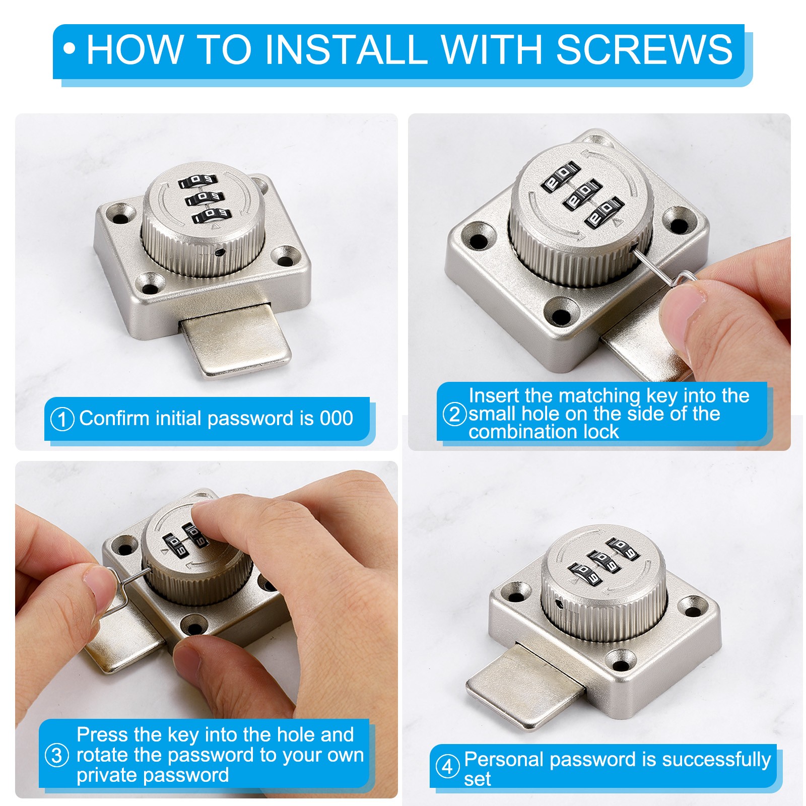 2Pcs 3-Password Wardrobe Combination Lock for 1 Way Doors Silver