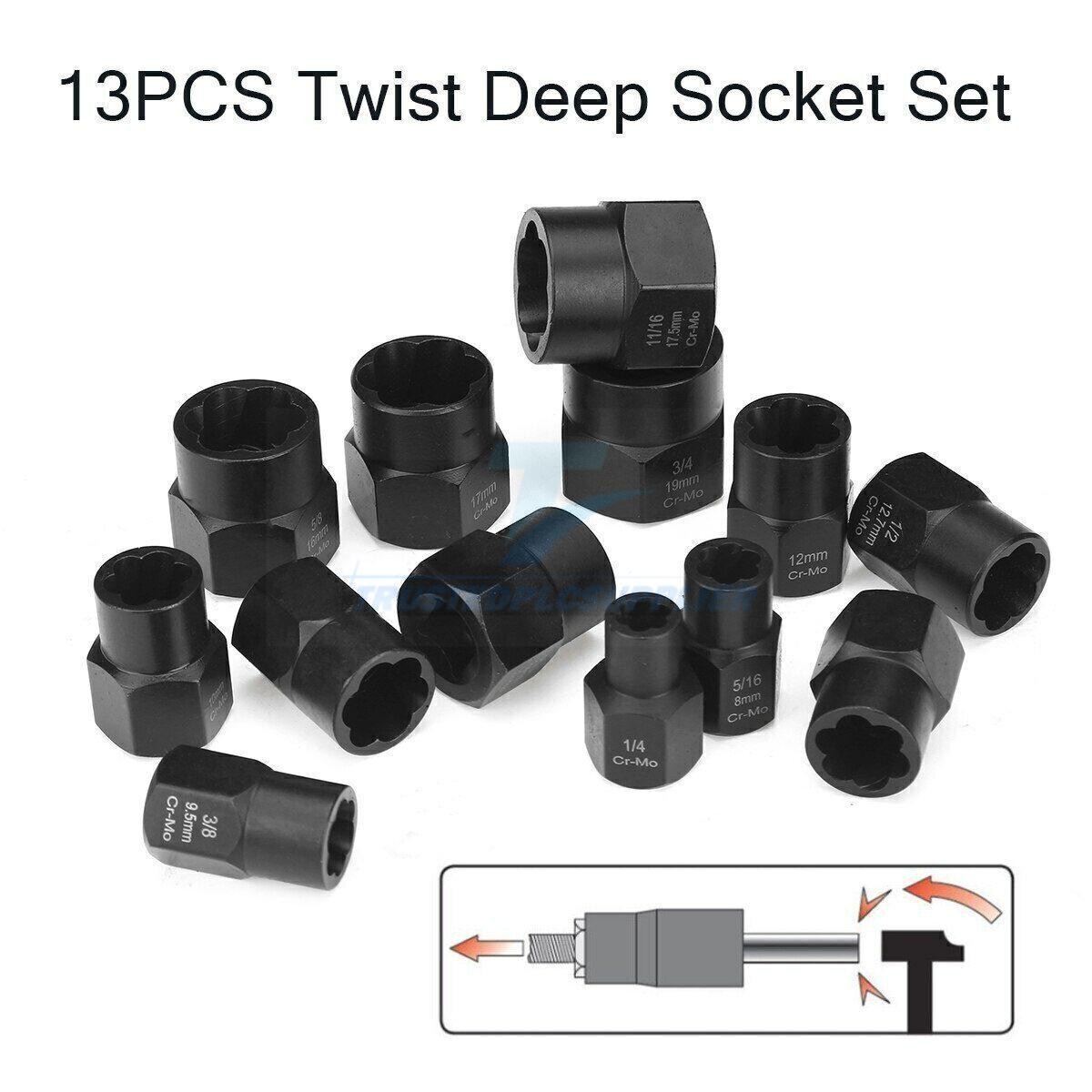 13pcs Impact Damaged Bolt Nut Screw Remover Extractor Set Twist Socket Tool Kits