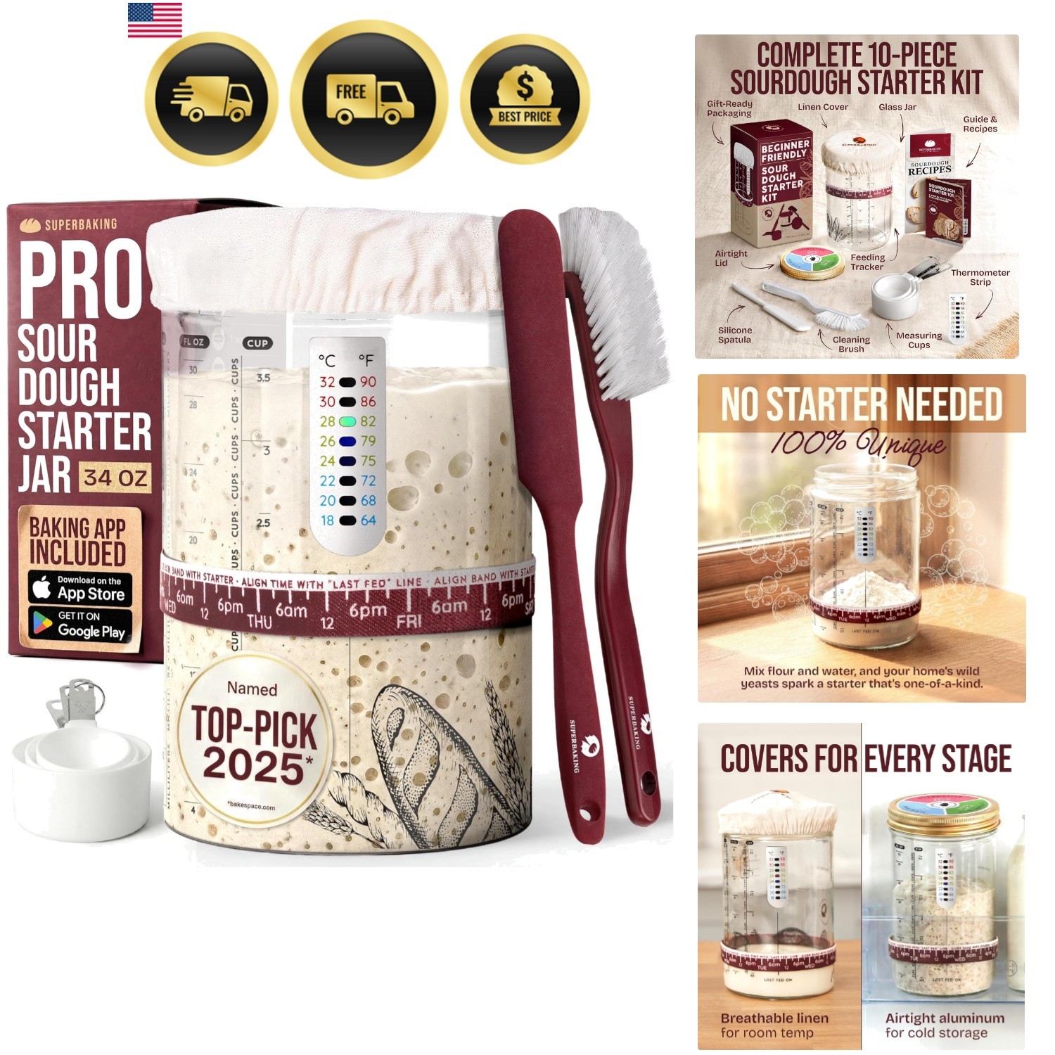 Artisan Sourdough Starter Jar 34oz - Kit with Recipes & Thermometer Included