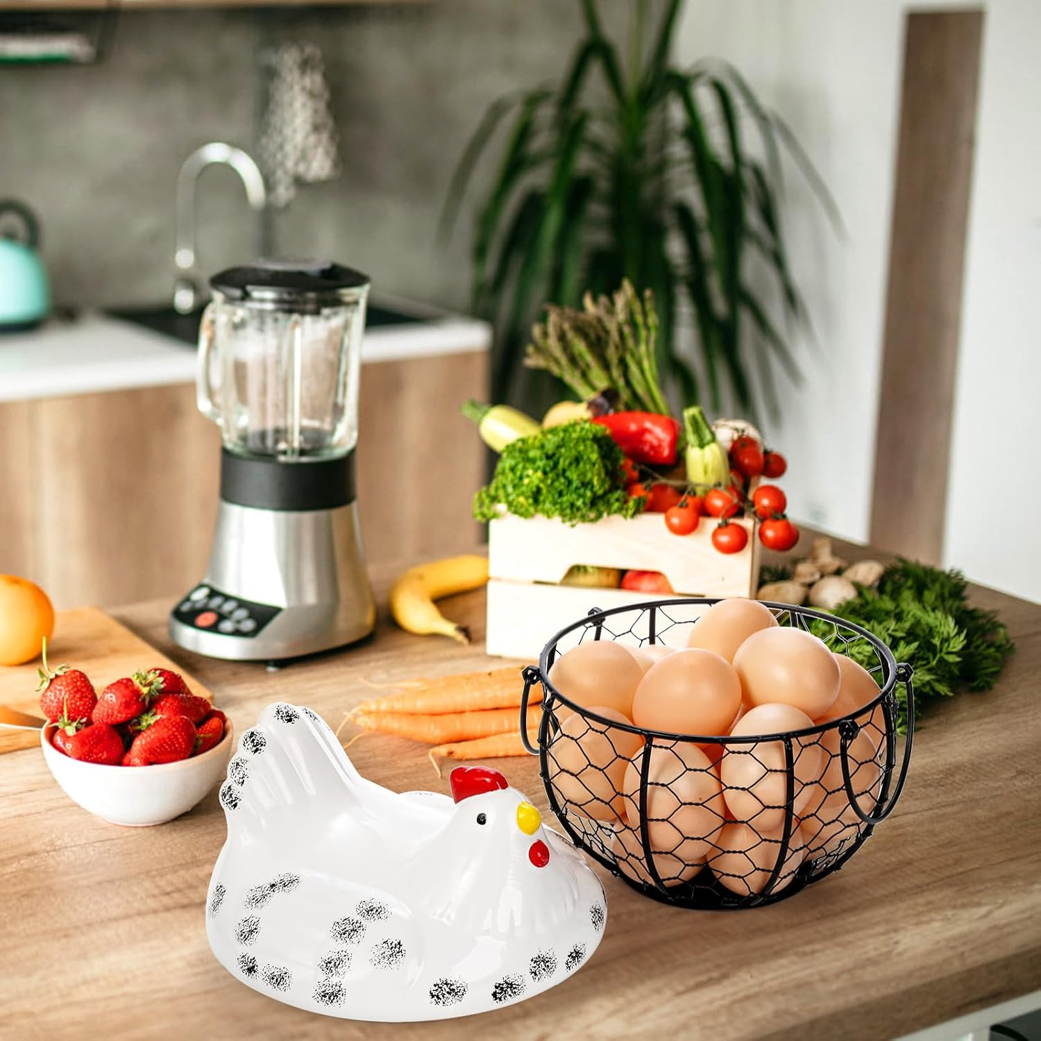 Chicken Egg Basket, Black Wire Egg Collection Baskes with Ceramic Lid for Gat...