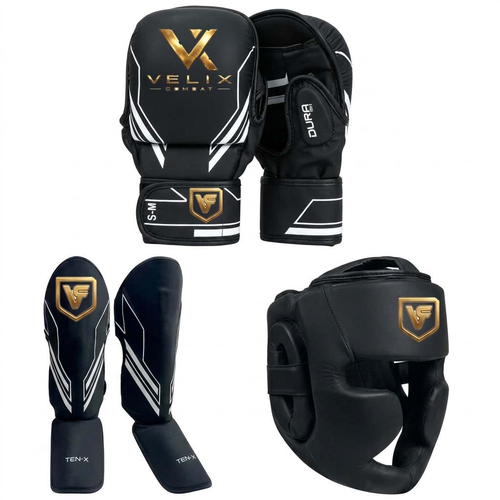 MMA/Boxing 3in1 pack Sparring Gloves, Shin Pad, Head Guard Synthetic Leather