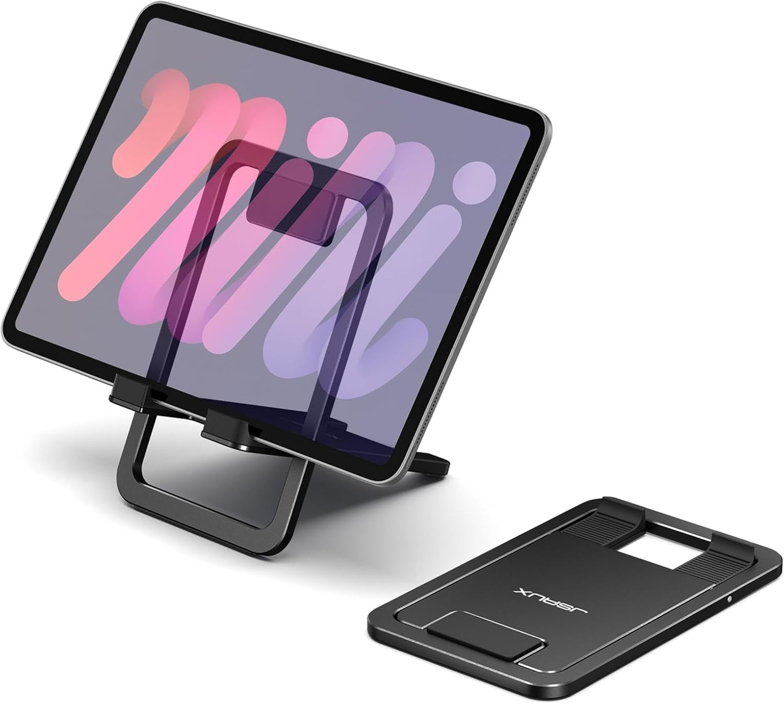 Tablet Stand, Adjustable Fold-Flat Holder, Alloy, Black, Compatible with iPads