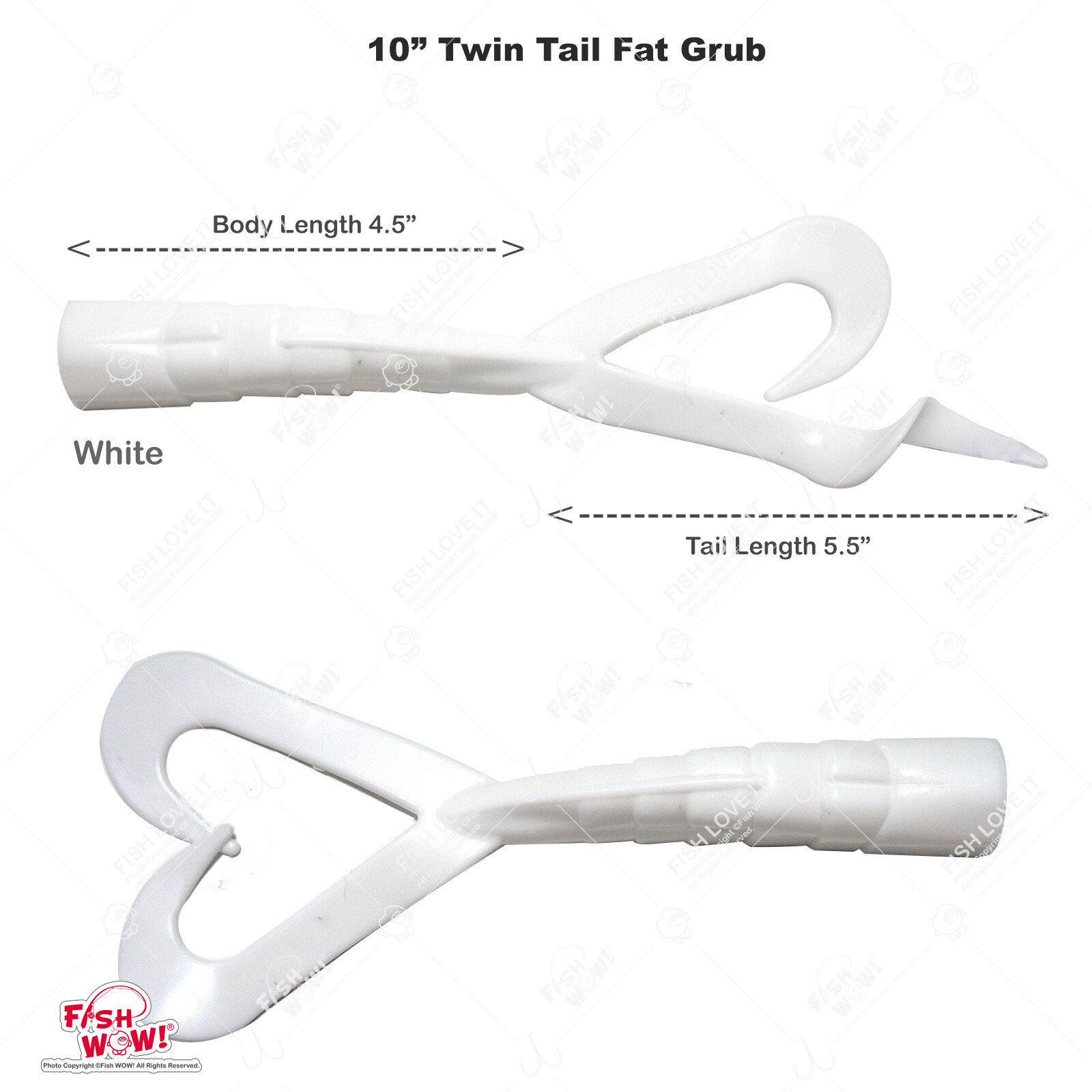 Fish Wow! 10" (w/ tail extended) Twin Tail Perch Grub Fat Scampi Bait White New