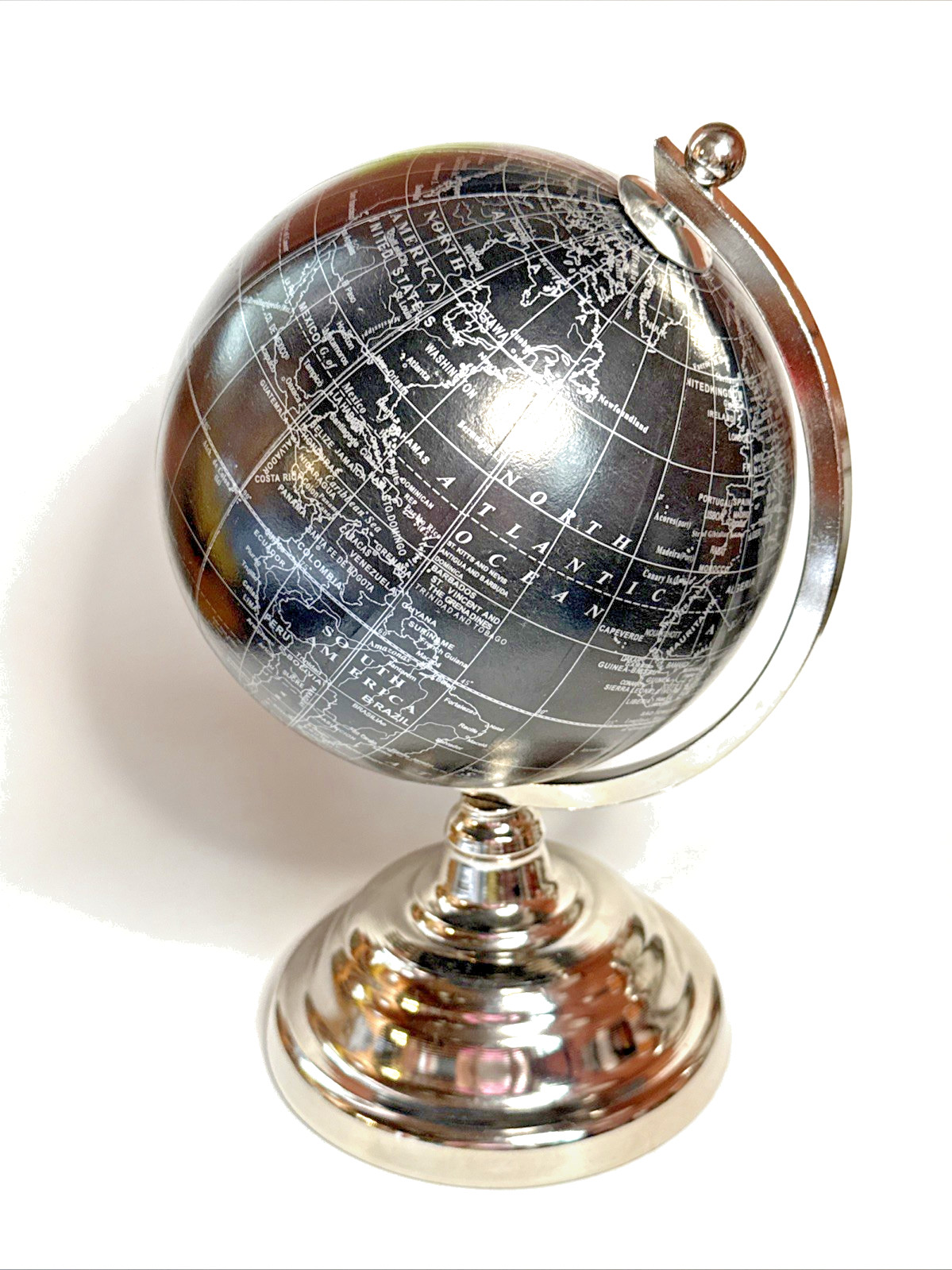 Black Globe w/Silver Metal Stand 10” Tall Globe 5.5” Across