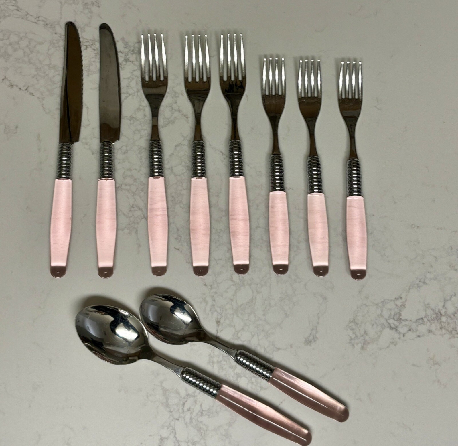SR By Laura Moraine Stainless Steel Forks Knives Spoons Pink Acrylic Handles 10
