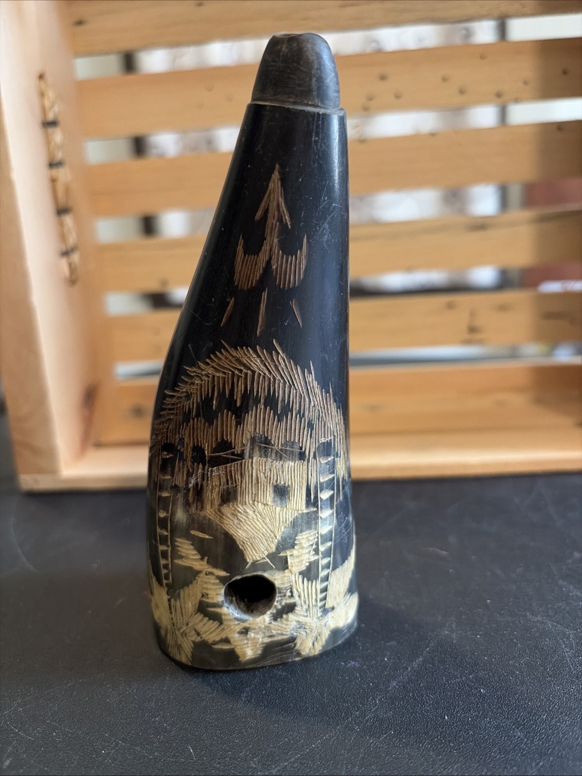 Vintage Hand Carved Buffalo Horn 6” Priming Powder Horn Scrimshaw Folk Art