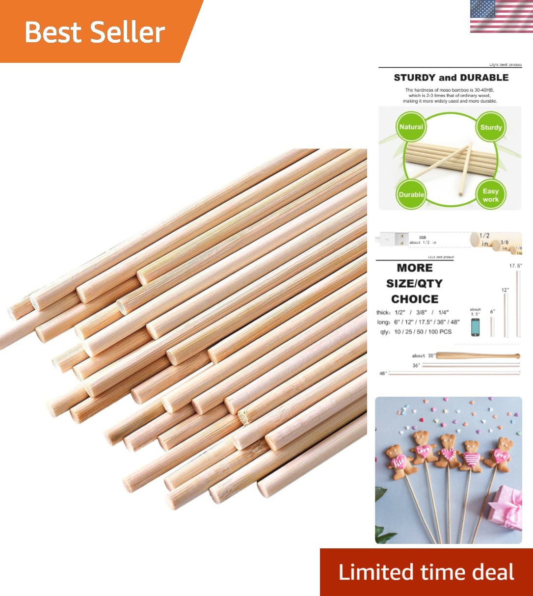 100 Bamboo Dowel Sticks 1/8" x 6" - Ideal for Dolls, STEM Projects, & Crafts