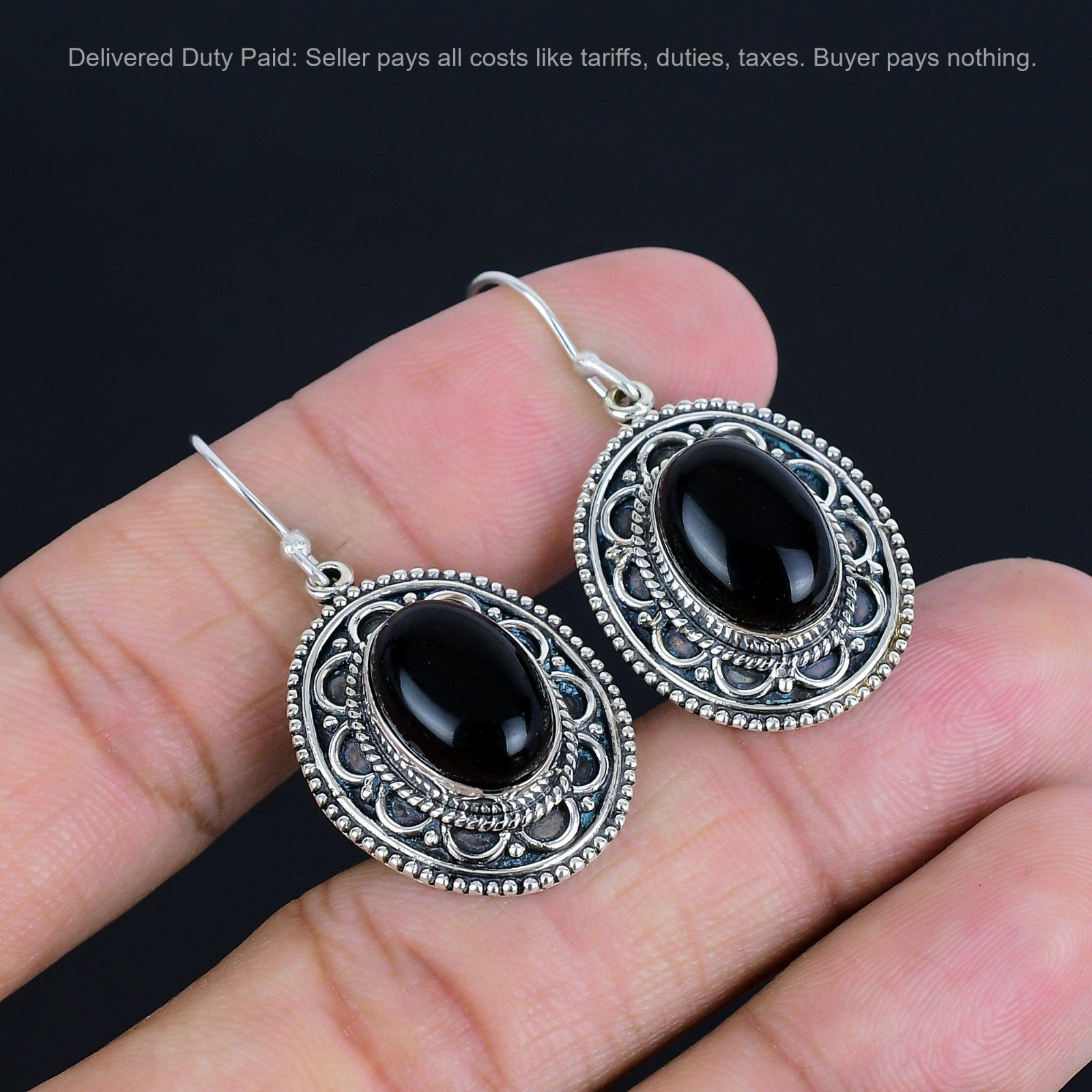 925 Sterling Silver Natural Black Onyx Vintage Birthday Dangle Drop New Earrings