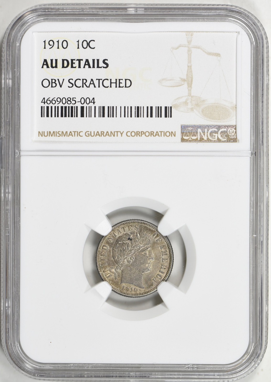 1910 Barber Silver Dime NGC AU-Details