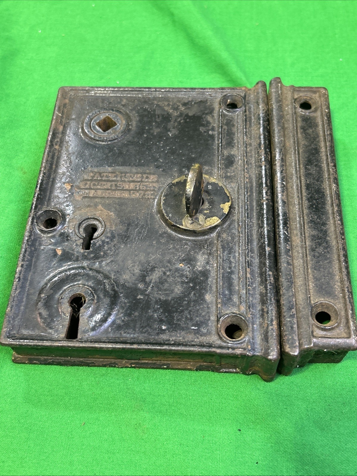 1865 M & W  Double Keyed RIM LOCK, No KEY,  No KEEPER, 4.25”X 5.75”
