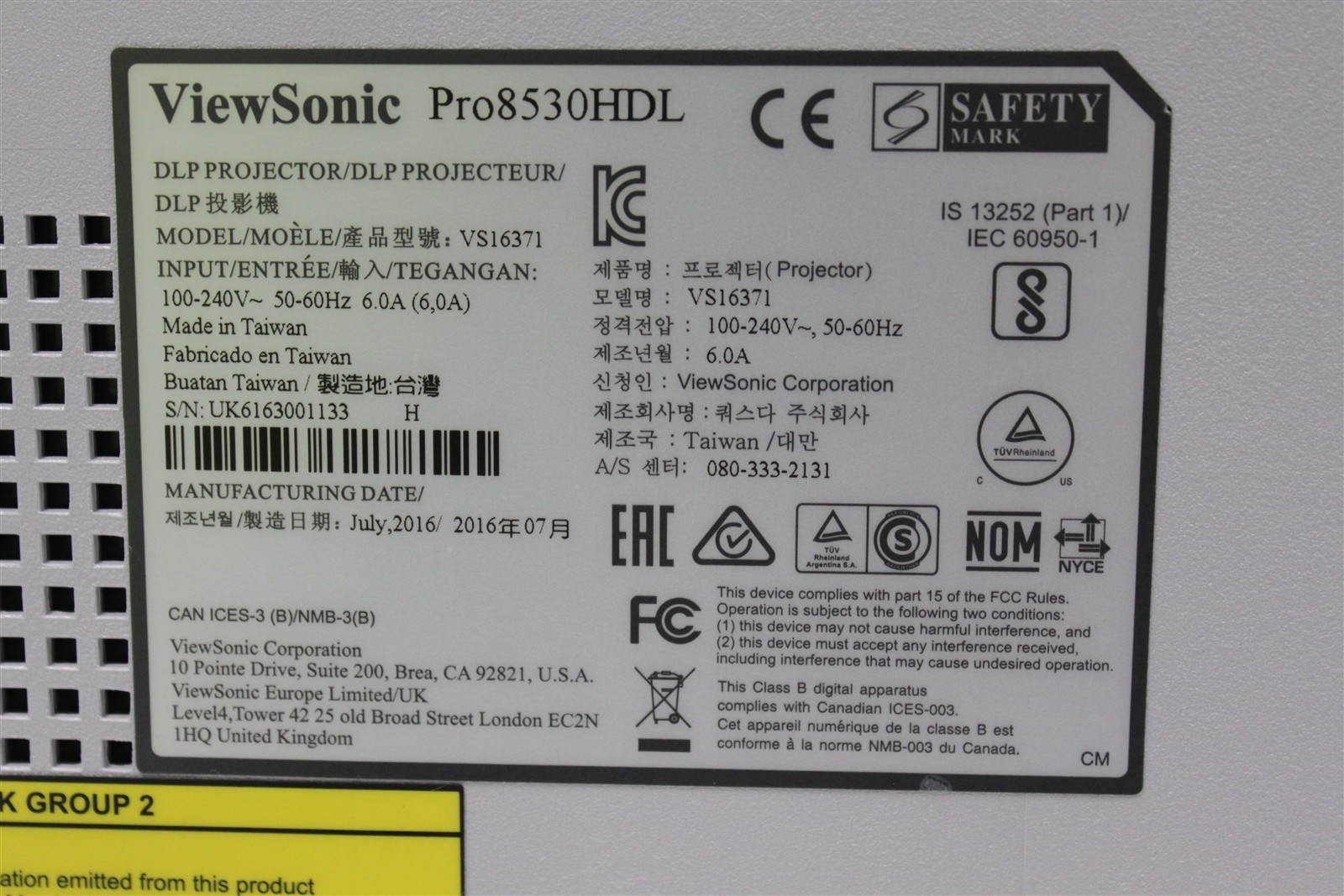 ViewSonic PRO8530HDL projector 182 Lamp Hours
