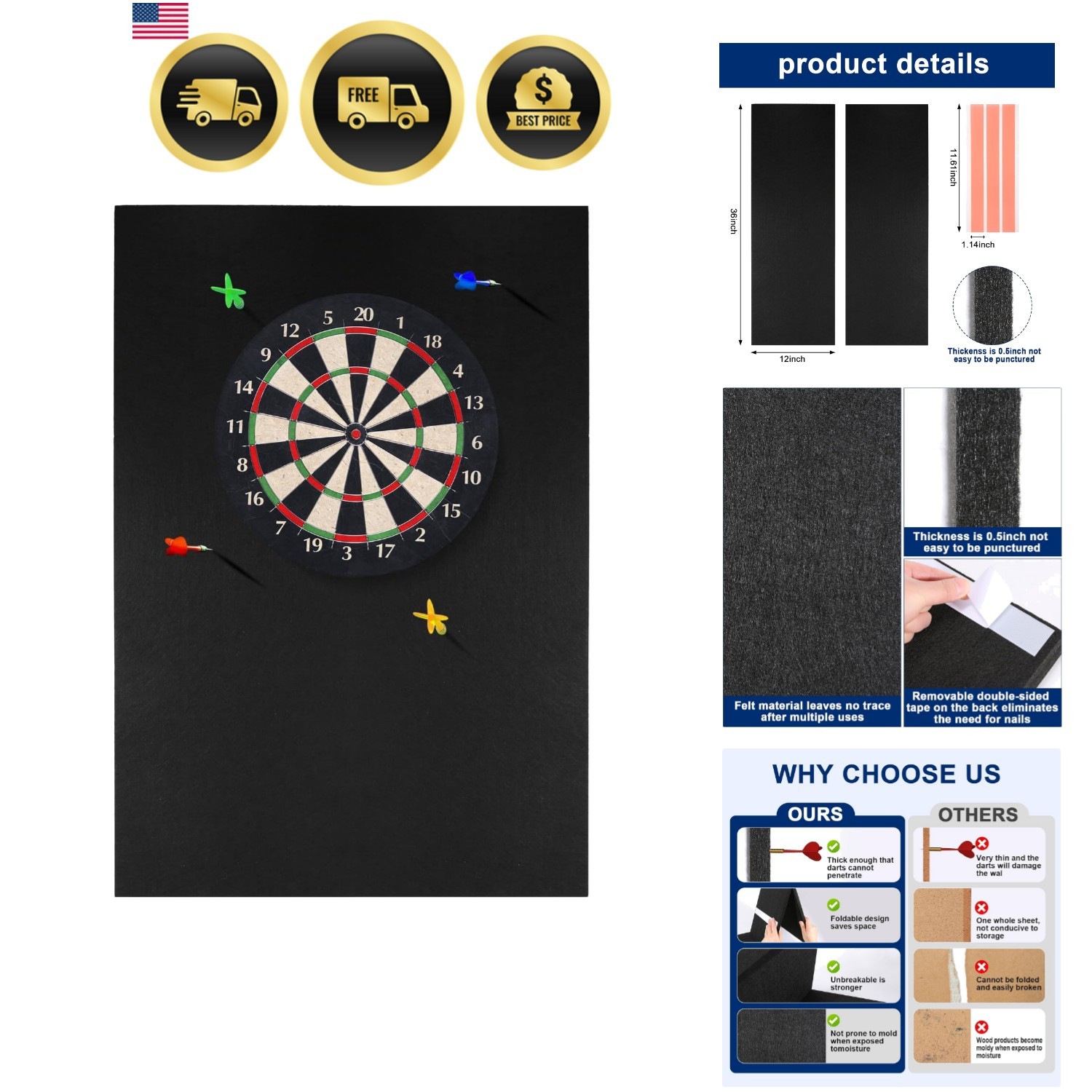 Dart Board Wall Protectors, 36" H X 24" W X 0.5" Thickness, Felt Wall Tiles D...