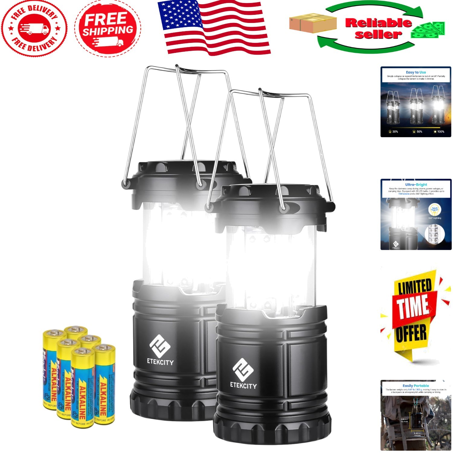 Portable LED Camping Lanterns, 2 Pack | 50 Hours of Light, Adjustable Brightness