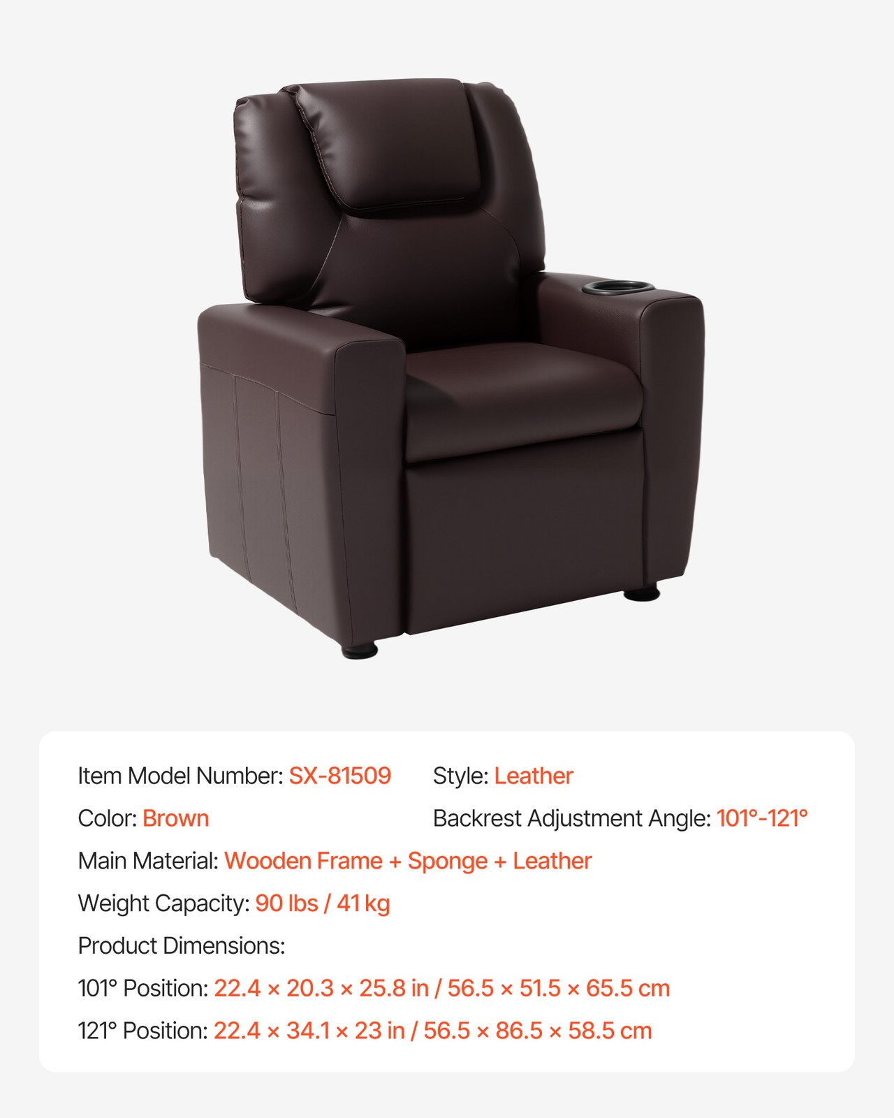 Kids Reclining Chair PU Leather Toddler Recliner with Cup Holder (Brown)