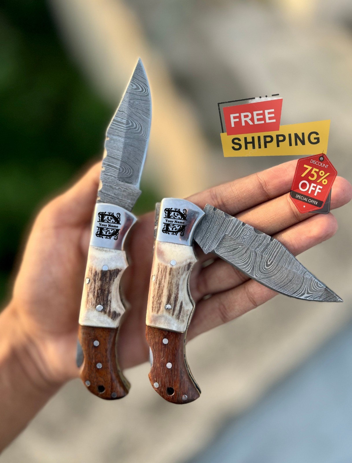 Handmade Damascus Steel Blade Hunting Pocket Folding Knife Gift For Dad
