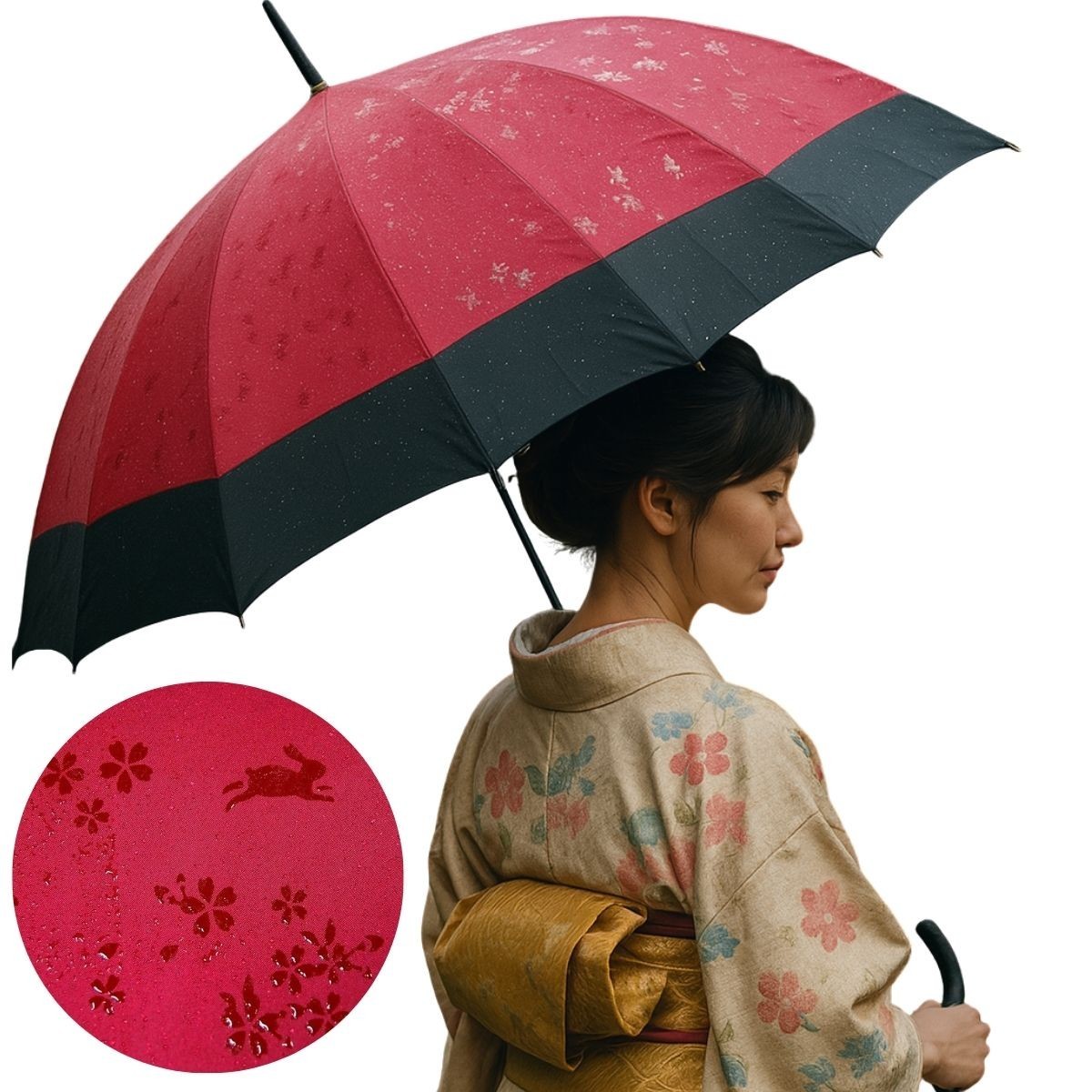 Japanese Style 12Rib Wagasa Jump Umbrella Waterproof Sakura Rabbit Design 21.6in