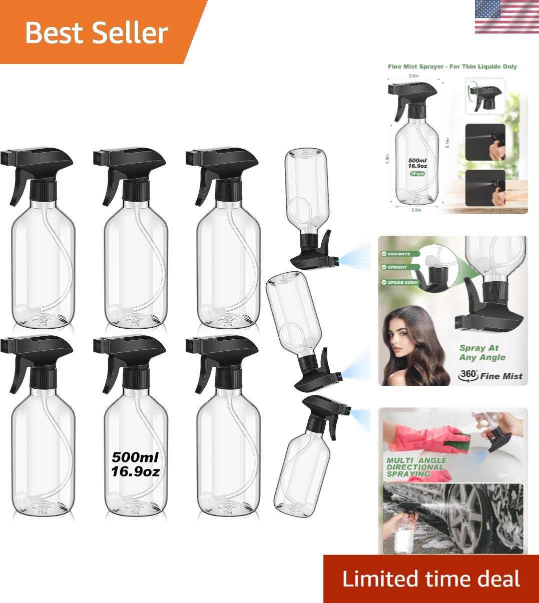 Clear Plastic Refillable Spray Bottles - 16 oz, Set of 6 with Adjustable Mist