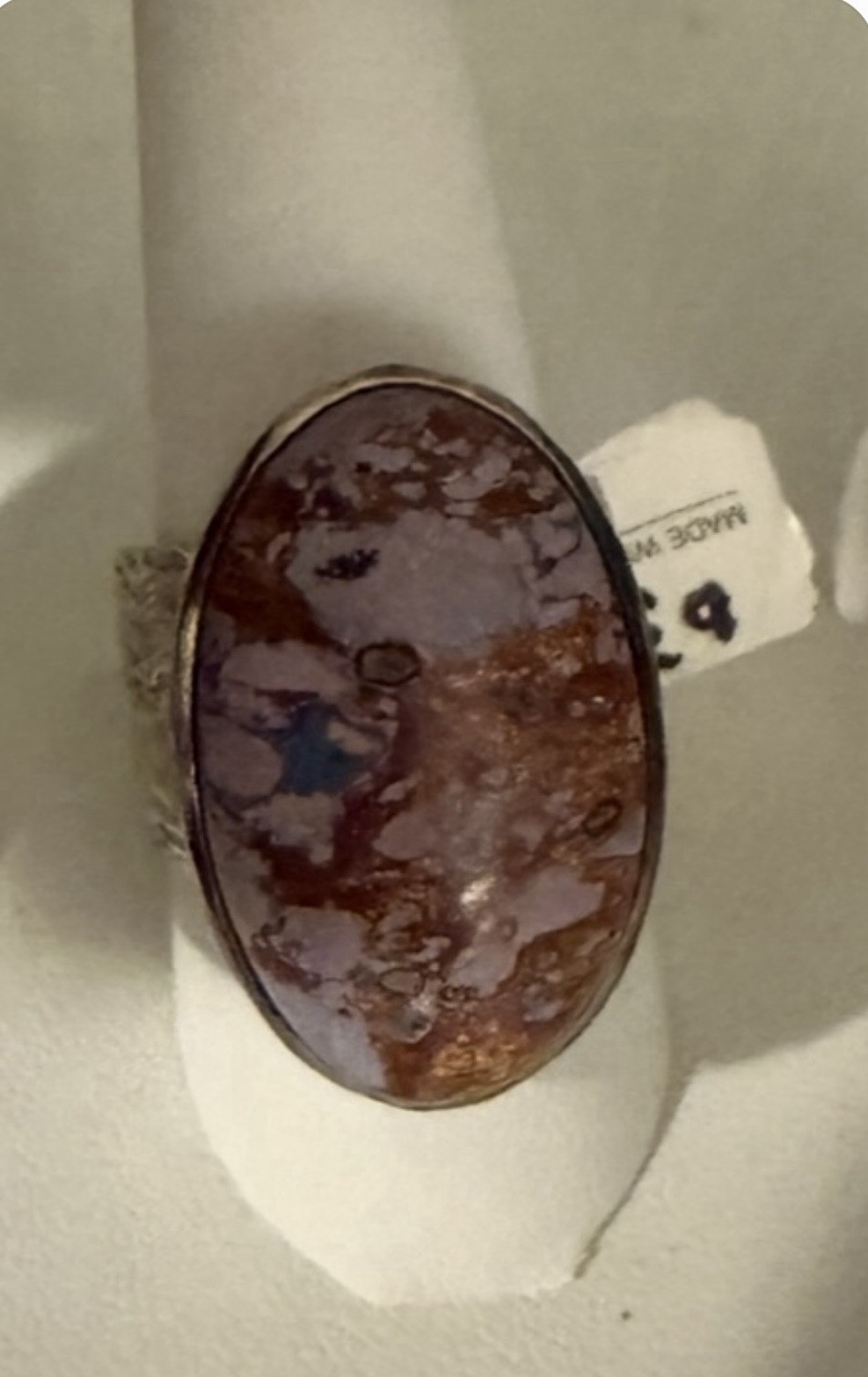 Silver Statement Ring with Oval Brown Purple Stone Bezel Setting Size 11