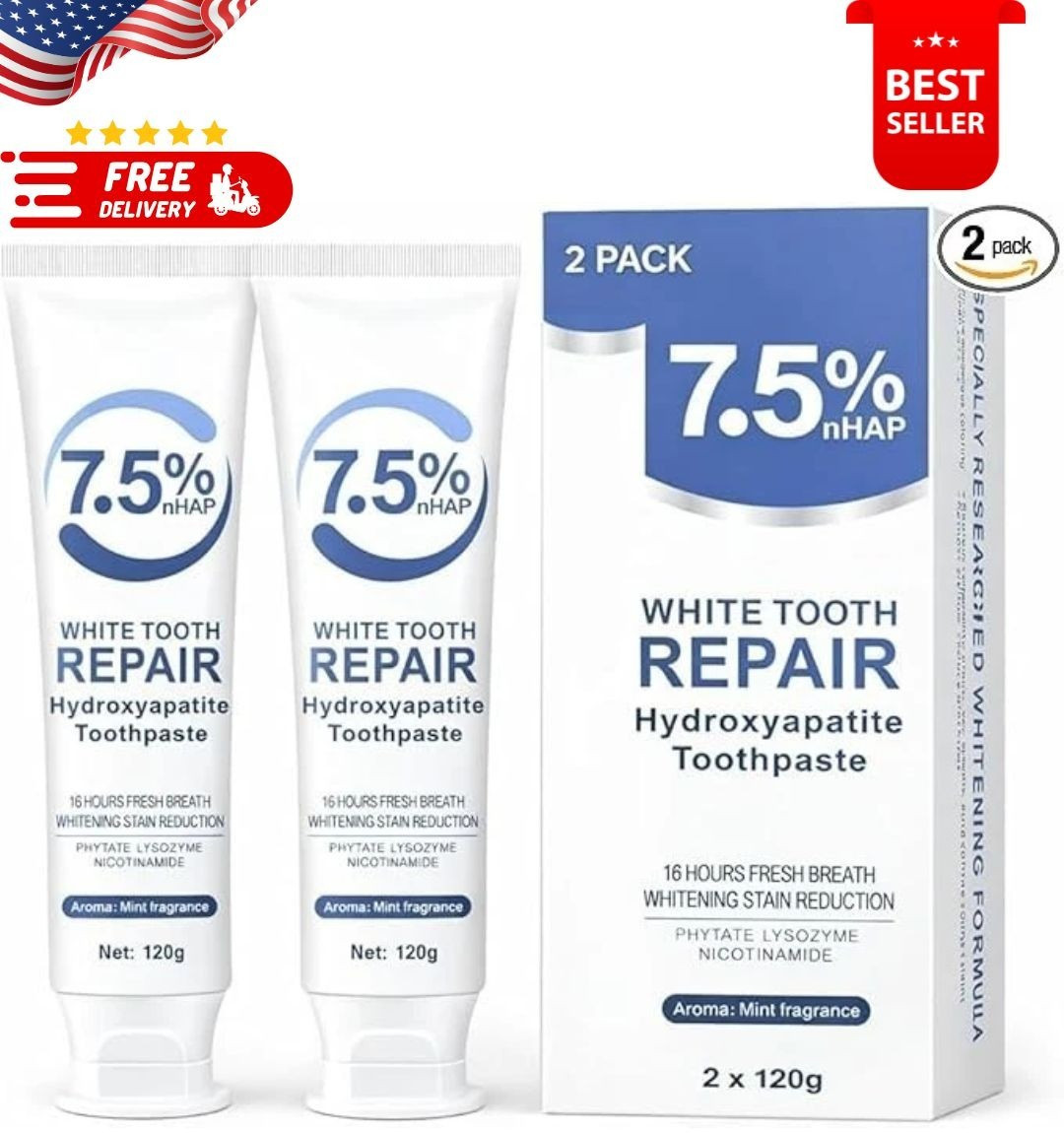 7.5% Nano Hydroxyapatite Toothpaste 2 Pack 8.46oz Fluoride-Free Enamel Repair