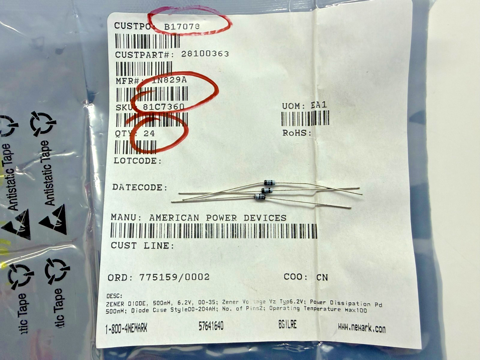 (3 PIECE LOT) 1N829A, APD EBAY, DIODE ZENER 6.2V 400MW DO35