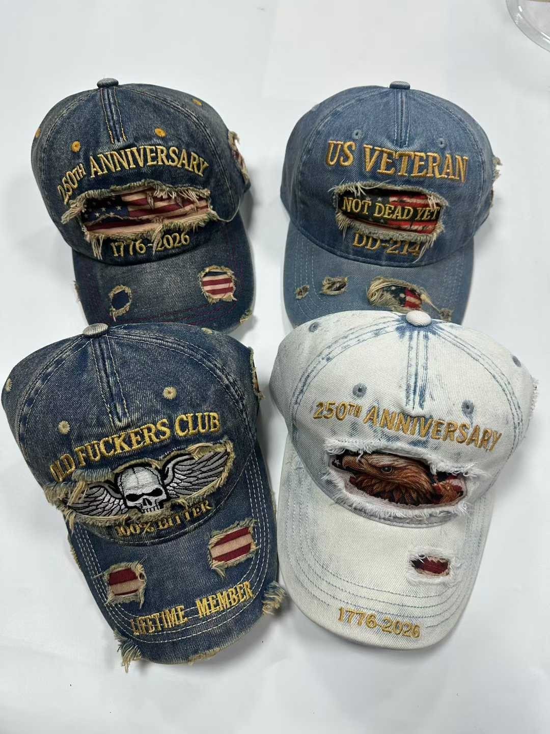 US Veteran NOT DEAD YET DD-214 Embroidered Distressed Denim Baseball Cap Blue