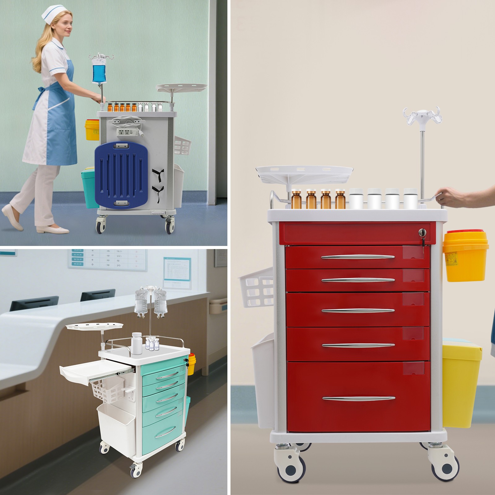 5 Tiers Lab Cart Mobile Medical Rolling Crash Cart with 5 Drawers & 2 Trash Cans