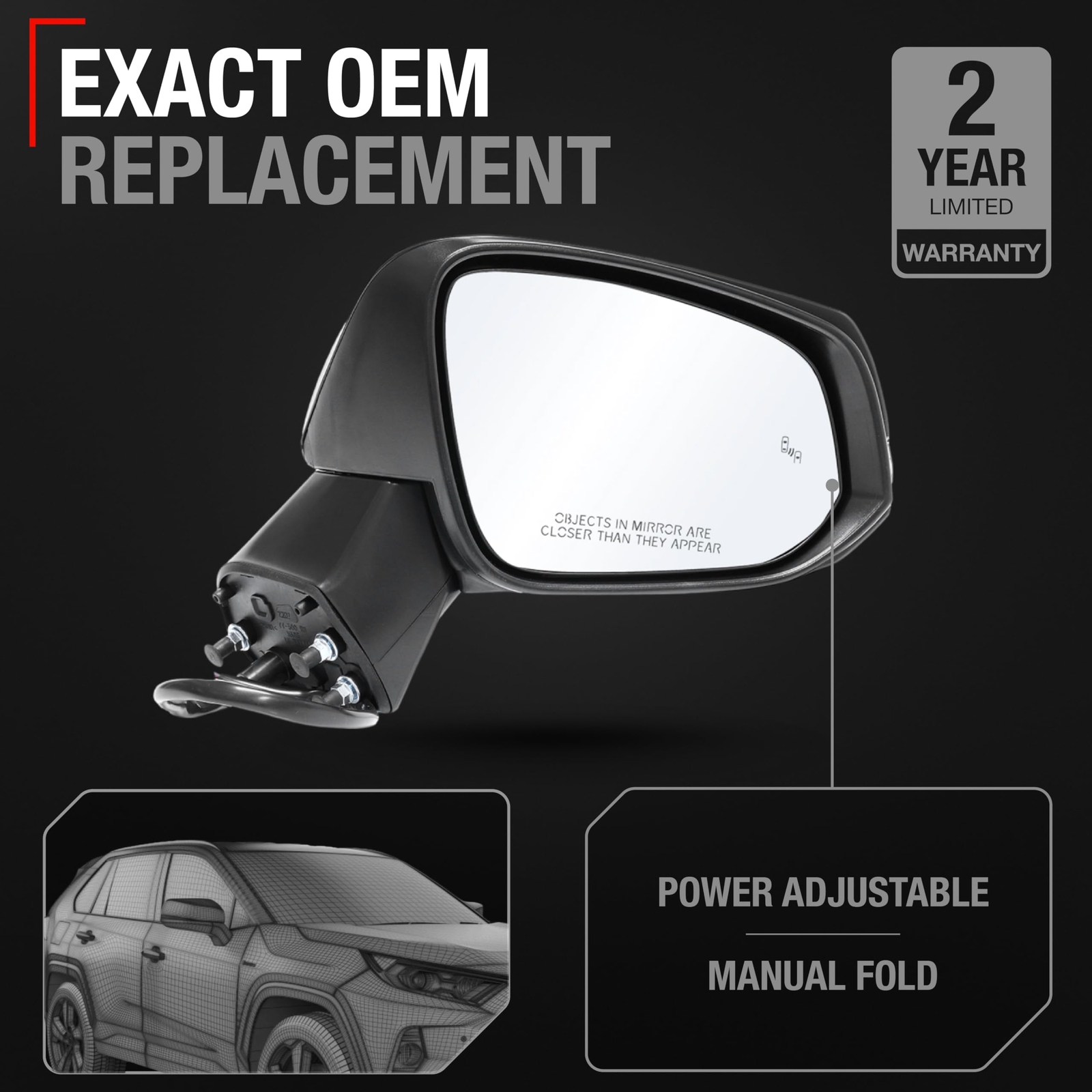 Toyota RAV4 Passenger Side Mirror Replacement - Powered Adjustment, Manual Fo...