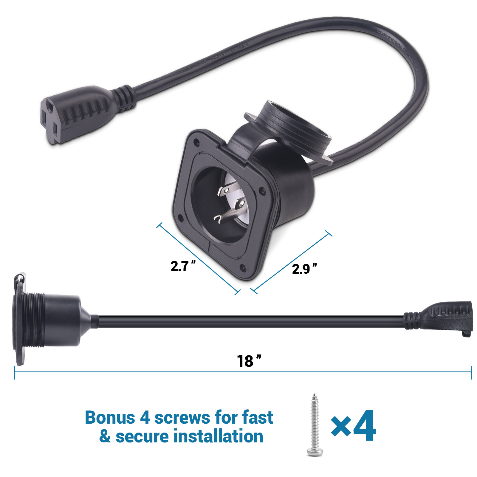 15A 110-125V AC RV Marine Power Inlet Port Plug 18" Extension Cord Trailer Plug
