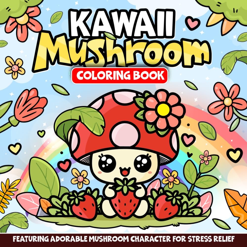 Kawaii Mushroom Coloring Book Featuring Adorable Mushroom Character for Stress R