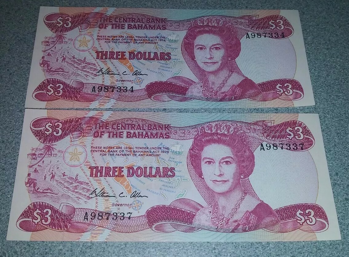 (2) $3. dollar bills From the  Bahamas 1974 mint  condition