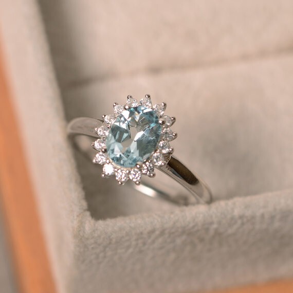 1.80 Ct Oval Natural Aquamarine Diamond Engagement Ring 14k White Gold Size 6