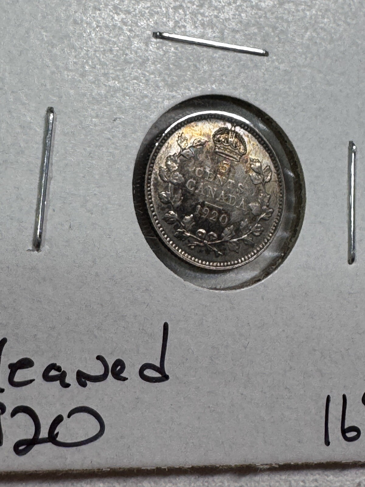 1920 Canada 5 Cents Small Silver Coin Cleaned