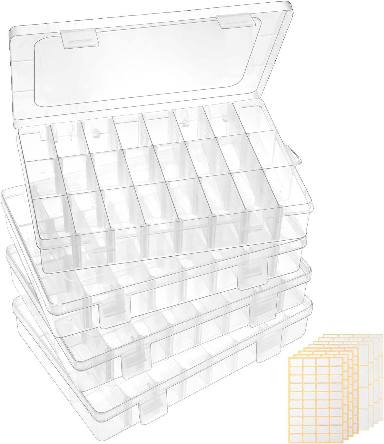 QUEFE 4 Packs 24 Grids Bead Organizer and Storage with 8 Sheets of Label Sticker
