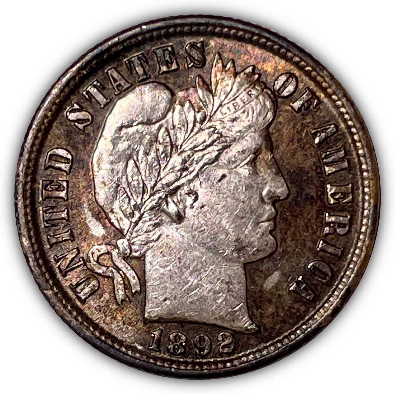 1892 Rainbow Toning Barber Silver Dime Brilliant Uncirculated BU Coin #6307
