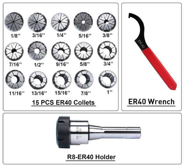 Buyohlic 15 Pc ER40 Precision Collet Set with R8 Bridgeport Shank Holder &