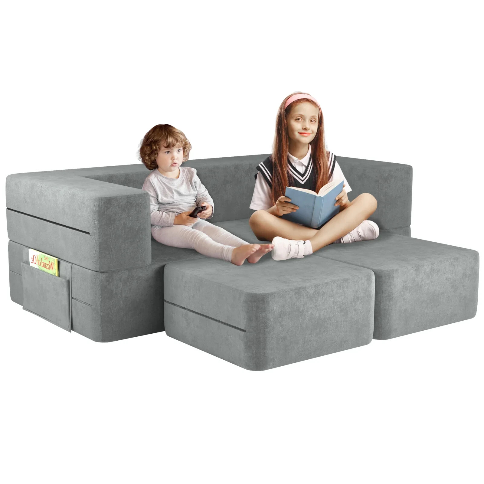 Kid Couch Lounge 40x40x7"Sofa Bed Washable and Durable Cover Gray Covertible