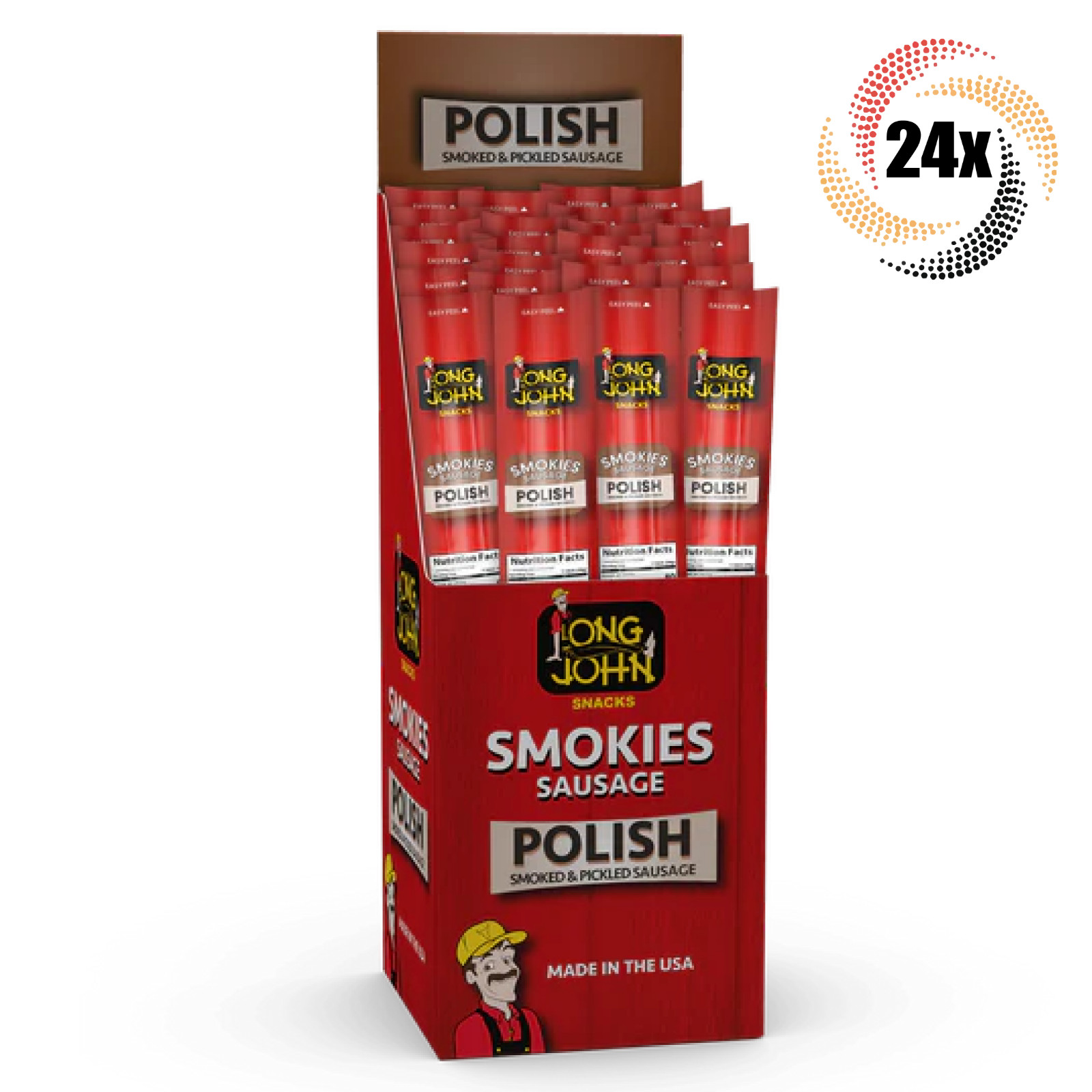 Full Box 24x Sticks Long John Smokies Polish Smoked Pickled Sausage Stick | 1oz