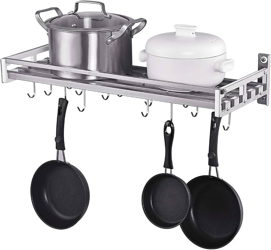 Stainless Steel Wall Pot Rack 16 Hooks Kitchen Pan Organizer 24” Heavy Duty