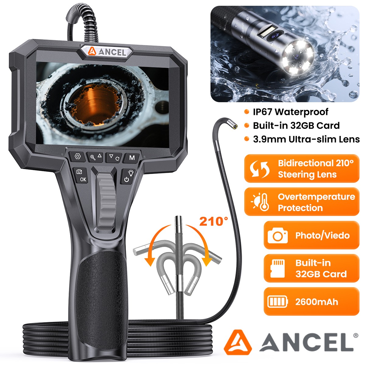 3.9MM 2 Way 210° Articulating Borescope 6 Led light Inspection Camera Endoscope