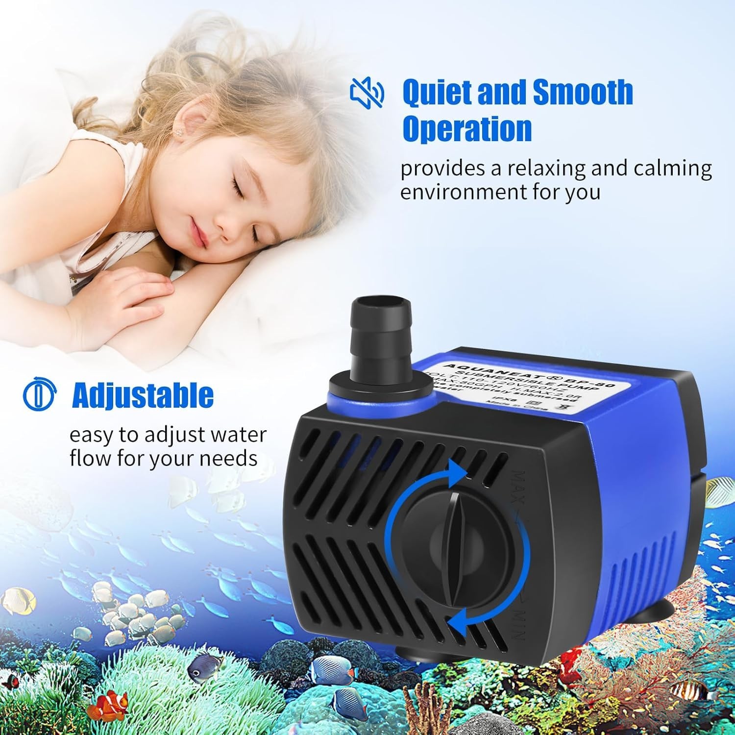Adjustable 80 GPH Submersible Pump - Perfect for Aquariums & Hydroponic Systems