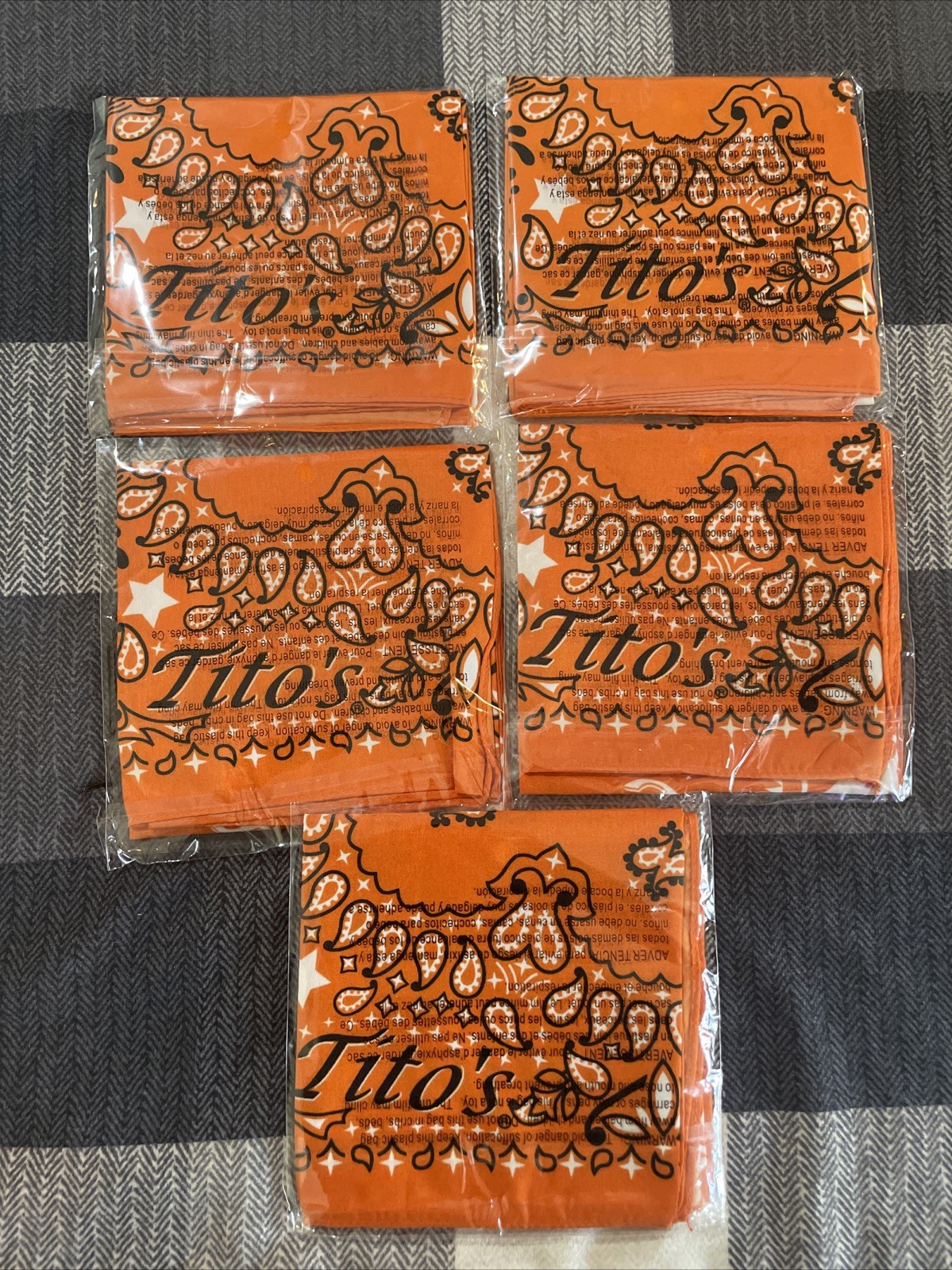 Lot of 5 Tito's Handmade Vodka Orange Paisley Logo Bandanas New In Package