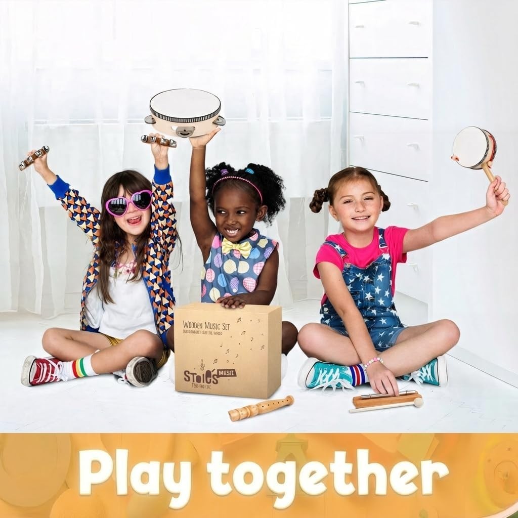 Wooden Toddler Musical Instruments with Drum, Hand Bells, Flute, Maracas, Cas...