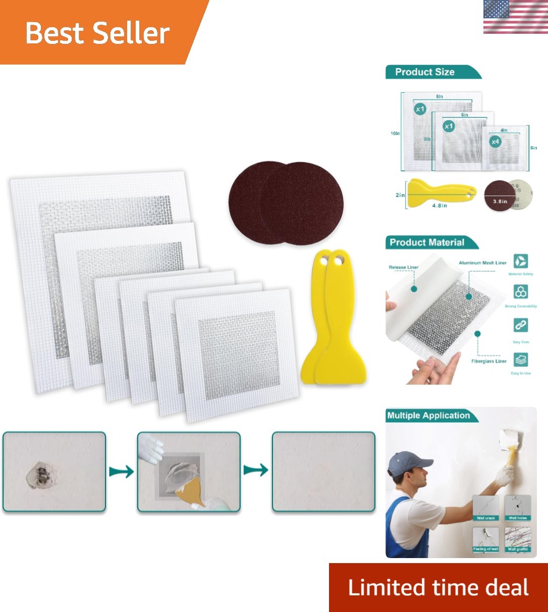 10 Pack Drywall Repair Kit - Self-Adhesive Aluminum Patches for Large Holes