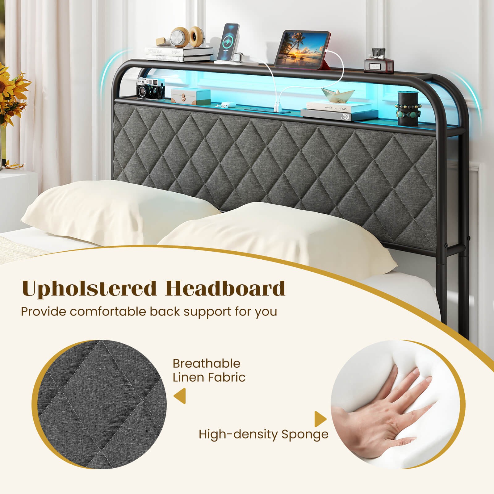 Full Size Bed Frame with LED Lights & Charging Station Storage Headboard