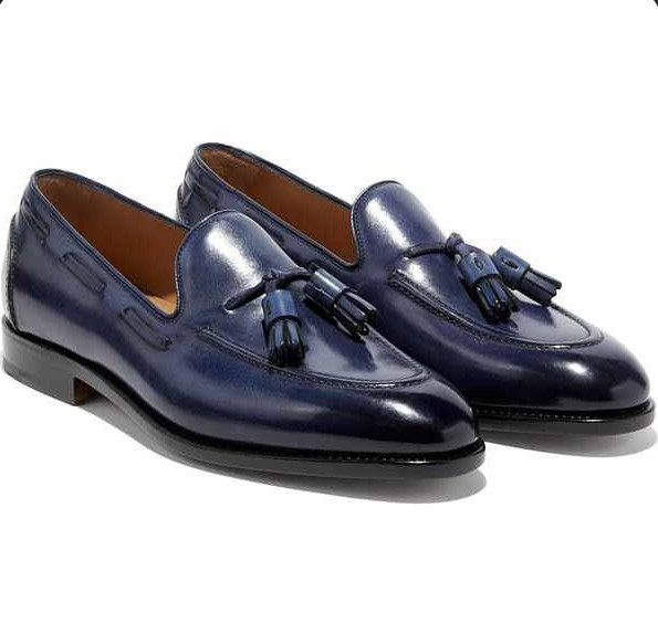 Handmade Men Navy Business Dress Shoe, Blue Tassels Shoes, Moccasin Office Shoes