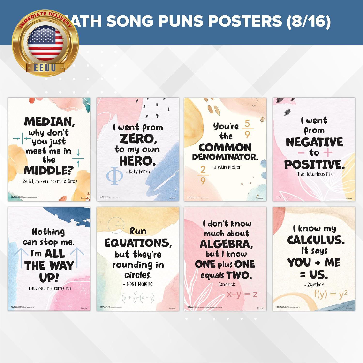 16 Math Posters for High School, 11X14In Educational, Matte-Laminated Classroom