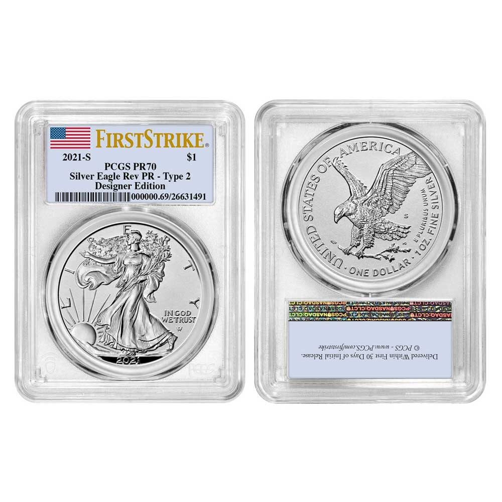 2021 Reverse Proof American Silver Eagle Designer 2pc Set PCGS PR70 FS Flag L...